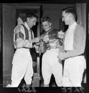 Three unidentified Jockeys at Trentham, Upper Hutt