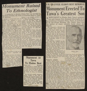 Newspaper cuttings relating to the unveiling of a monument to Elsdon Best, in Tawa, Wellington region