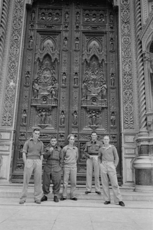New Zealand soldiers outside the doors of Cathedral of Santa Maria del Fiore, Florence, Italy - Photograph taken by George Kaye
