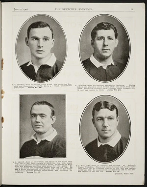 The Sketcher souvenir. No. 25. Auckland, July 25, 1908. [Page] 11 [Four British rugby players]