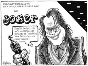 Best supporting actor Rick Ellis, Chief Executive TVNZ, the Joker. "Despite budget cuts we'll continue our strategy of 'inspiring New Zealanders on every screen'." 23 February 2009.