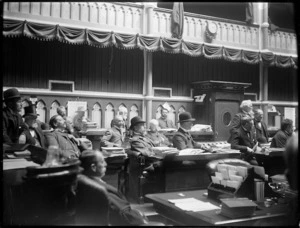 Unidentified Members of Parliament in the debating chamber, Parliament Buildings, Wellington