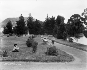Queens Gardens, Nelson, with children and pines