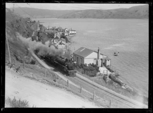 Waterfront at Paremata, Porirua, Wellington, with train