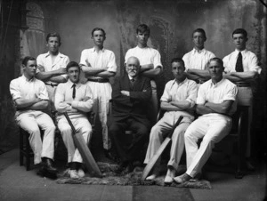 Group portrait of the Stratford District High School cricket team with headmaster F A Tyrer in the centre