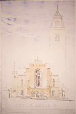 Wood, Cecil Walter, 1878-1947 :Proposed Anglican Cathedral. Wellington. Preliminary study of front to Hill Street. 1/8" scale. C. W. Wood, Architect, Sept 1938.