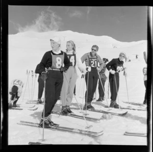 Unidentified group of skiers waiting on a line to start the competition at the New Zealand Ski Championship, Mt Ruapehu