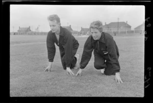 Two unidentified athletes from New Zealand at the British Empire Games, Cardiff, United Kingdom