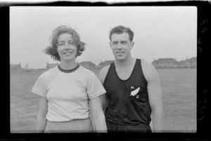 Two unidentified members of the New Zealand team at the British Empire Games, Cardiff, United Kingdom