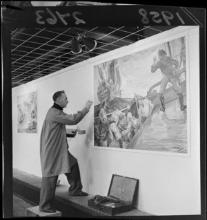 Unidentified artist making finishing touches to painted murals at the Sheridan Ballroom, Herbert Street, Wellington