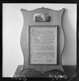 Wooden plaque, commemorating the 65th regiment at the Royal Tiger Hotel, Abel Smith Street, Te aro, Wellington