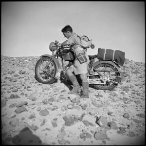 NZ army motorcyclist on troop manoeuvres at El Saff, Egypt, during World War II
