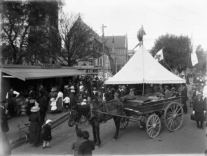Groups, patriotic bazaar, and horse with a cart, Cathedral Square, Christchurch