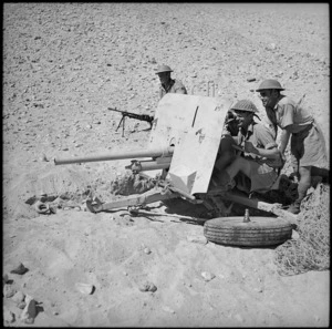 A 2 pounder anti tank gun in position during manoeuvres at El Saff, Egypt, during World War II
