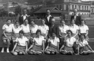 Marching team of women staff employed by James Smith Ltd, Wellington