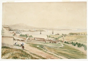 Outhwaite, Isa, 1842-1925 :[Parnell, looking towards North Head and Rangitoto] Isa del. Jan 22nd 1867, after a sketch by J Sewell Esqr, M T 1864