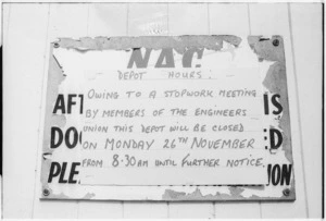 Engineers Union stopwork meeting notice, at a New Zealand National Airways Corporation depot