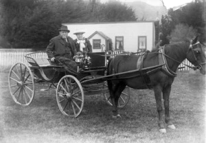 A phaeton carriage outside Fitchett's farm in Brooklyn, Wellington