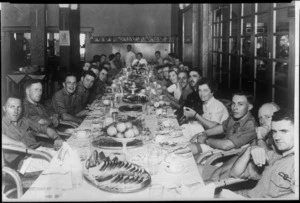 NZ airmen at lunch with members of the Official Nederlands Indies Womens Organization, Batavia