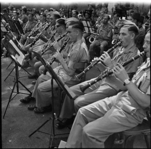 Line of players in massed bands broadcast from Cairo, World War II