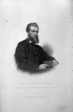 Cochran, John, fl. 1821-1867 :Revd. James S Waugh, president of the Australasian Conference, 1865. Engraved by J Cochran from a photograph.