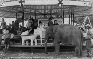 Jazzing elephant, Tommy, of Perry Brothers circus, Coney Park, Nelson