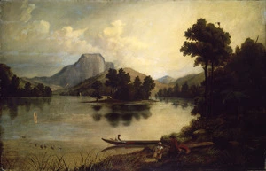 Blomfield, Charles 1848-1926 :[Whangaroa, showing Taratara and figures in a canoe] 1879