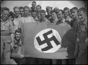 NZ troops with captured Nazi paratroopers flag, Greece
