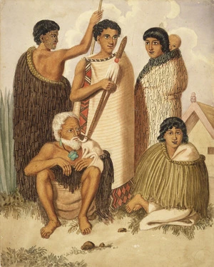 [Merrett, Joseph Jenner] 1815-1854 :[Kawiti and his grandson with a group of Maori / J.J. Merrett]. - [1846].