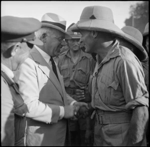 Prime Minister Peter Fraser greeting troops at Gezira Sporting Club, Cairo