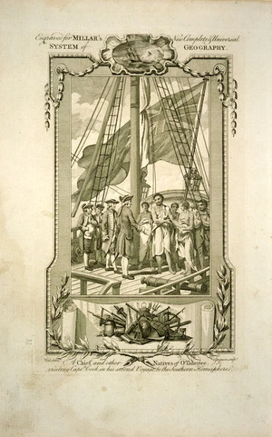 Wale, Samuel d 1786 :A chief and other natives of O-Taheitee, visiting Capt.n Cook in his second voyage to the Southern Hemisphere / Wale delin.; Grignion sculp. Engraved for Millar's New complete & universal system of geography. [1782]