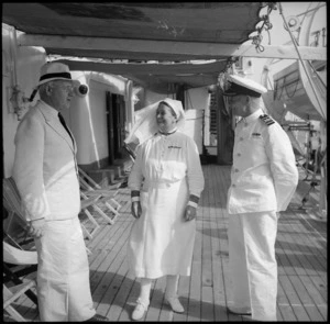 Prime Minister Peter Fraser with the matron and captain of hospital ship Maunganui, Port Tewfik