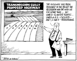 TRANSMISSION GULLY PROPOSED HIGHWAY. "The highway has been designed in the belief the recession may be with us for some time... So lane 6 is motor traffic... Lanes 4 & 5 - Cyclists... And 1, 2 and 3 - Pedestrians." 20 March 2009