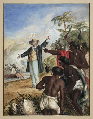 Parsons, Herbert, fl 1868 :[A Scottish missionary coming ashore confronted by Maori. 18]68