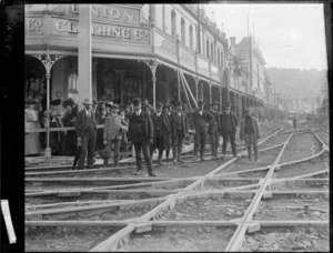 Creator unknown: Photograph taken during the laying of Tram tracks at the corner of Cuba and Manners Streets, Wellington