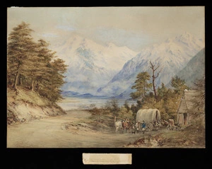 Barraud, Charles Decimus, 1822-1897 :Settlers, West Coast Road through the Upper Waimakariri Valley. 1875.