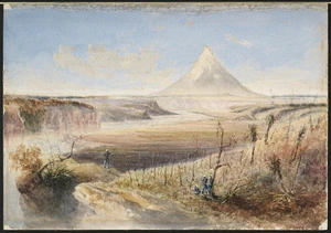 Williams, Edward Arthur 1824-1898 :Looking up the Patea River, three miles from its mouth, Mount Egmont in the distance, New Zealand 1864