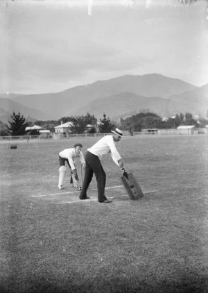 Comic photograph of a cricket match, Nelson
