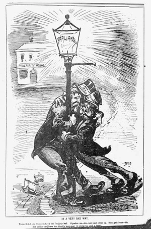 Blomfield, William, 1866-1938:In a very bad way. Toper B.N.Z. (to Toper C.B.) - 'I feel 'lmighty bad. S'poshun we - hic - hold each other up. Soon gesh home - hic'. But neither can leave the friendly lamp-post it proves too good a friend. 14 September, 1895