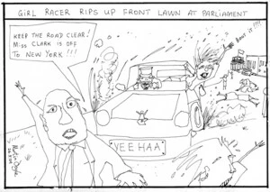 Girl racer rips up front lawn at Parliament. "Keep the road clear! Miss Clark is off to New York!!!" 27 March 2009
