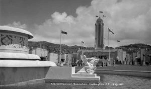View of the New Zealand Centennial Exhibition, Wellington from the fountain, towards the Exhibition tower