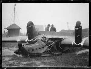 Wreckage of the crashed Miles Falcon aircraft piloted by Mac MacGregor, Rongotai airport, Wellington