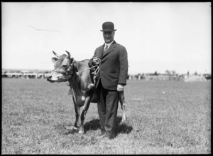 Prime Minister of New Zealand, George William Forbes, with cattle beast, New Plymouth show