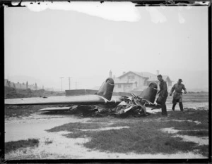 Wreckage of the crashed Miles Falcon aircraft piloted by Mac MacGregor, Rongotai airport, Wellington
