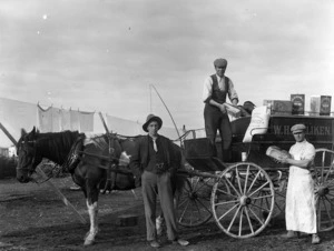 Three men, and the horse and carriage of W H Milliken with its grocery items, Hamner Springs