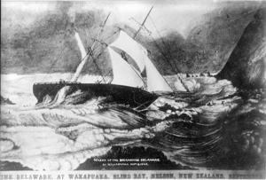 Photograph of an engraving depicting the wreck of the brigantine Delaware at Wakapuaka
