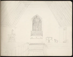 Medley, Edward Shuttleworth, 1838-1910 :[Wooden church interior looking towards altar and pulpit. 1850s]