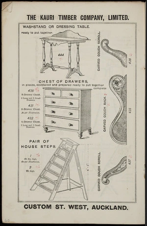 The Kauri Timber Company Ltd (Auckland Office) :Washstand or dressing table, chest of drawers, pair of house steps, carved couch scroll, carved couch back. [Catalogue page. ca 1906].