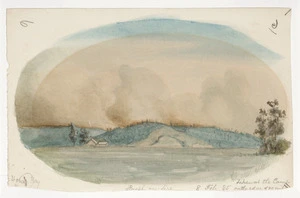 [Doubleday, William or John], fl 1880s :Hows Bay Feb 1885; bush on fire, 8 Fe[ruary, 18]85. Taken at the camp on the edge of 40 mile ...