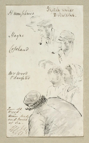 Pearse, John, 1808-1882 :Life on board the Duke of Portland. 1851. Sketch under bulwarks. Humphries, Hayre, Copeland, Mrs Wood & daughter. Poor old Wood, since dead and buried at sea.